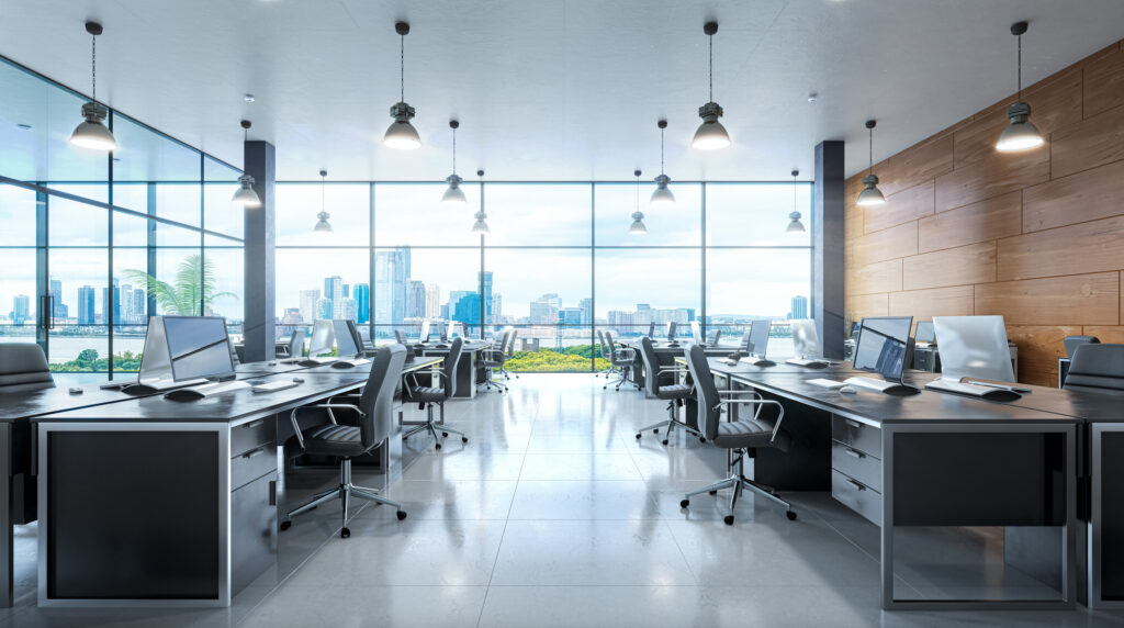 A large empty traditional office space with a view of the cityscape
